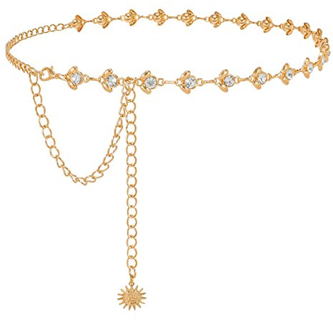 XZQTIVE Kettengürtel Taillenkette für Kleid Metallgliederkette für Damen Strass Gürtelkette(Gold,110cm)
