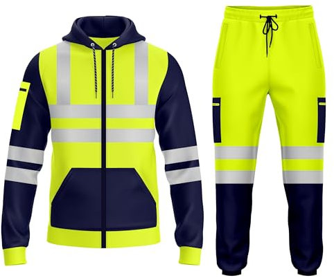 trending babz Tuta da uomo ad alta visibilità, con cerniera ad alta visibilità, per la sicurezza, con risvolto, con cappuccio, taglie S-XXL, Blu navy, giallo, L