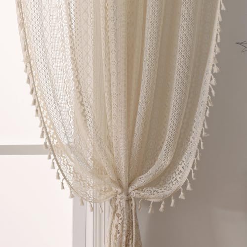 WAZZIO Boho Lace Curtains 63 Inches 2 Panel,Light Filtering Privacy Tassel & Geometry Crochet Semi Sheer Curtain Drapes for Bedroom Living Dining Room,Rod Pocket & Tassel,Vintage French Country,Beige