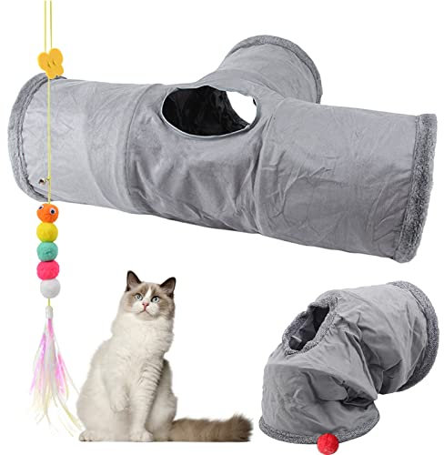 Faltbar Katzentunnel Katzenspielzeug mit Ball Spieltunnel Knisternder Rascheltunnel Aus Wildleder für Alle Katzen Kaninchen Welpen und Kleine Tiere, Mit Hängendem Lustiger Katzenstock