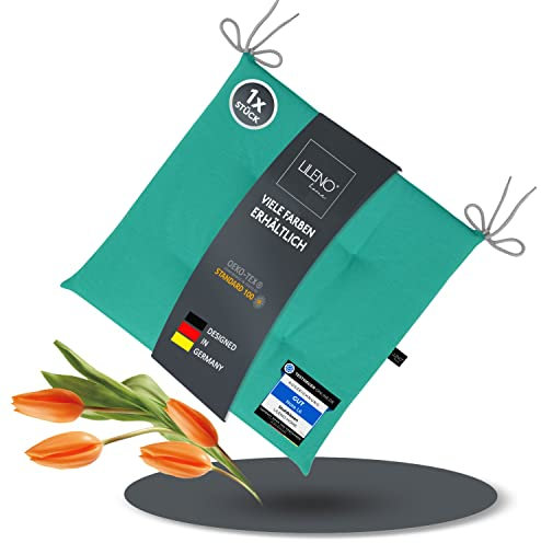 LILENO HOME 1er Set Stuhlkissen Türkis (40x40x4,5 cm) - Sitzkissen für Gartenstuhl, Küche oder Esszimmerstuhl - UV-beständige Indoor u. Outdoor Stuhlauflage als Stuhl Kissen (Laura FUM)