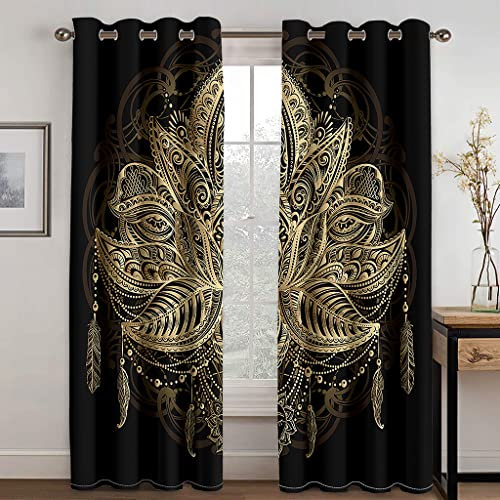 Verdunklungsvorhänge Mandala-Goldenes Schwarzes Scheibengardinen Weich Vorhänge Wohnzimmer Vorhang Schlafzimmer Verdunkelungsvorhang Vorhänge Blickdicht Gardinemit Ösen Schallschutz Curtains 2x140x240