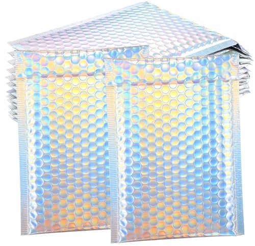 SHERCHPRY 12 Pcs Enveloppes à Bulles Holographiques Autocollantes | Pochettes d'Expédition Métallisées avec Protection à Bulles pour Emballage, Envoi de Petits Articles et Cadeaux