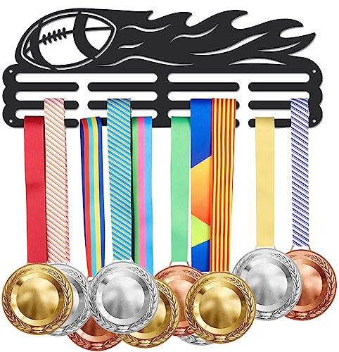 SUPERDANT Rugby Fußball Medaillenhalter Display Aufhänger Fußball Mit Feuer Medaillenhaken Display Medaillen Eisen Medaillenhaken Für Wettbewerb Medaillenaufhänger Für Wanddisplay 40x15 cm