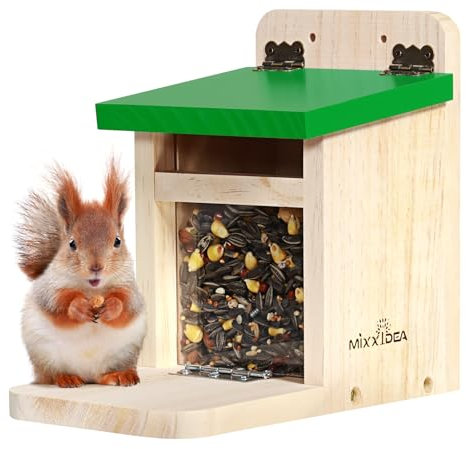 MIXXIDEA Eichhörnchen-Futterspender für den Außenbereich, Holz, Eichhörnchen-Futterstation mit grüner Abdeckung, einfach zu befüllen, Eichhörnchen-Futterhaus (grün, 1 Stück)