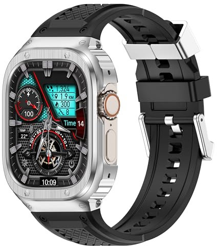 Deczone Bracelet de montre en silicone avec boîtier en acier inoxydable compatible avec Apple Watch Series 1 2 3 42 mm Series 4 5 6 SE 44 mm, bracelet de protection robuste iWatch pour homme (argent)