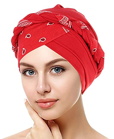 Bonnet turban élégant à fleurs bandana élastique hijab chimio chapeau musulman chimiothérapie casquette pour perte de cheveux cancer, Rouge, Taille unique