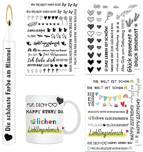 ALLAVA 6 Stück Kerzentattoos, Kerzen Tattoo, Alles Gute zum Geburtstag, DAS LEBEN IST SCHÖN! Kerzensticker Kerzenfolie für Kerze Tasse DIY Geschenk, Kerzen Dekorieren, Kerzensprüche (Stil F)