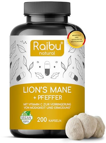 Lions Mane (Hericium Erinaceus) - 1950mg Hericium Extrakt Tagesdosis - 30:1 Extrakt (58.500mg Löwenmähne Pilz) - Mit 30% Polysaccharide & 5% Beta Glucan - Vegan und Laborgeprüft - Raibu