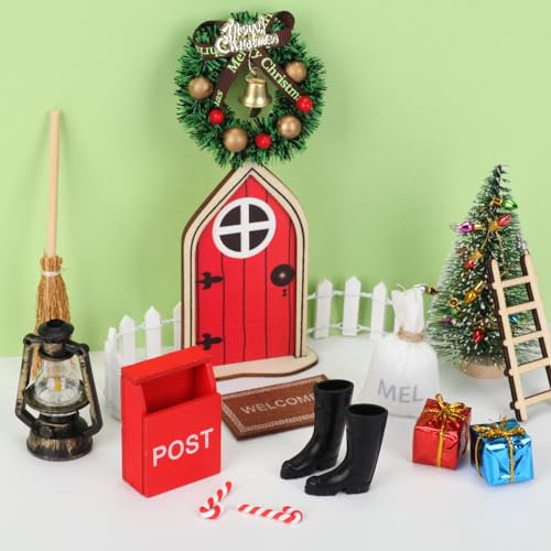 Zecouk Wichteltür Zubehör Weihnachten Set, Weihnachtswichtel Tür Miniatur 18Pcs Wichtel Zubehör mit Weihnachtsbaum Kranz Briefkasten Zaun Öllampe Leiter Elfentür Stiefel Besen Türmatte