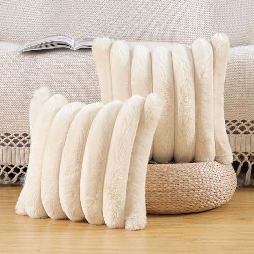 Madizz 2er Set Plüsch Samt Dekorative Kissenbezüge Flauschig Gestreifte Weich Kissenbezug für Sofa Schlafzimmer Kissen Shell Beige 65 x 65 cm Quadrat