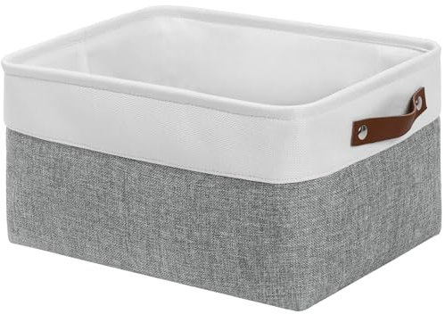 Patvingot Linen Canvas Storage Baskets - Foldable Fabric Boxes with Leather Handles for Cupboards, Storage Boxes for Shelves, for Organizing Clothes, Toys, Office (White/Grey, Large-1 Pack)