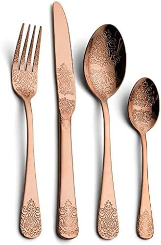 Vaisselle Couverts À Motif Vintage Argenterie 24 Pièces, Ustensiles en Acier Inoxydable Plaqué Or 18/10, Ensemble De Couverts pour 6 Personnes Service De Table Réutilisable,24 Pièces en Cuivre,Pic
