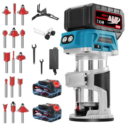 Yofuly Cordless Wood Palm Router Tool for Makita 18V Battery, Trim Router with 2PCS 4.0Ah Batteries & Charger, 800W 30000 RPM Brushless Power Hand Routers for Woodworking with 15PCS 1/4 Router Bits