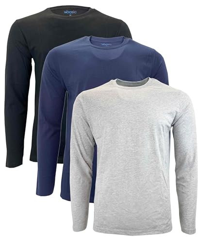 WBASIC Mens Round Neck 100% Long Sleeve Multicolor 3pcs Pack t-Shirt (Black/Grey/Navy) (UK, Alpha, M, Regular, Regular, Black-Navy-Grey)