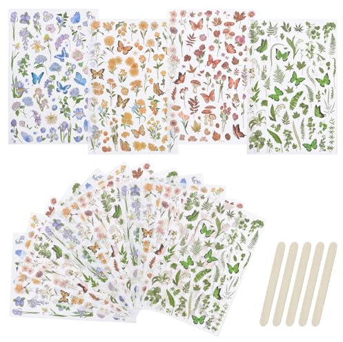 WANDIC 16 Blatt Transfer-Aufkleber-Set, 4 Stile, Schmetterlings-Blumenmuster, Selbstklebende Aufkleber, blau, gelb, rosa, grün, Aufkleber für Scrapbook, Journal