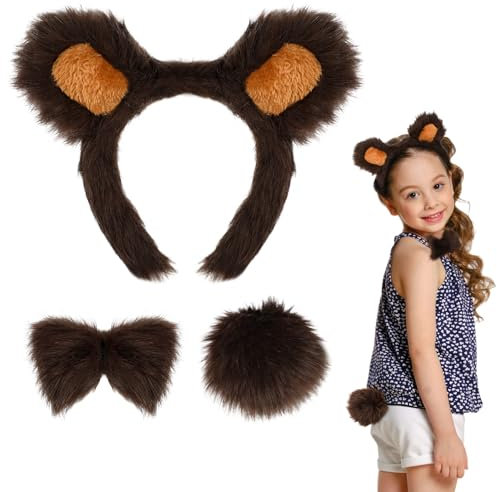 3 Stk Bären Kostüm Zubehör, Bären Ohren Haarreif und Schwanz Fliege Set, Furry Bär Verkleidung Outfit Tier Kostüm Zubehör für Kinder Erwachsene für Cosplay Halloween Karneval Geburtstag Thema Party