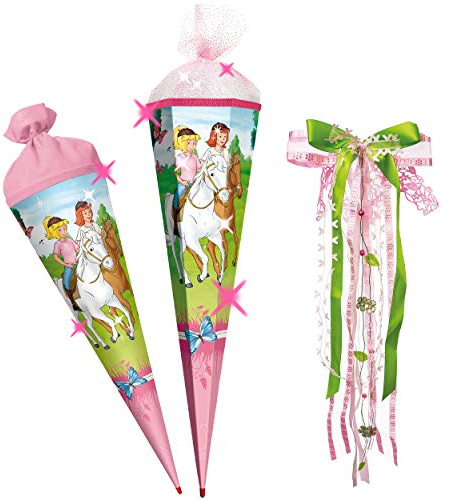 alles-meine.de GmbH Schultüte - mit 3D Glitzer - Bibi Blocksberg & Tina - Pferdefreunde - 22-85 cm - Größe wählbar - rund - incl. große Schleife - Tüllabschluß - Zuckertüte - m..