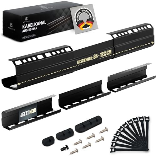 Kabelkanal für Schreibtische - Kabelhalterung ausziehbar 84 bis 122 cm - Effizientes Kabelmanagement - Komplett Set mit Gratis Zubehör - Einfache Montage - schwarz