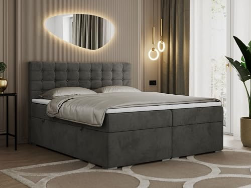MKS MEBLE Boxspringbett Grau 200x200, Polsterbett 200x200 mit Bettkasten, Bett 200x200 mit Multipocket-Matratze H3, Boxspringbett 200x200 mit Kopfteil und Topper - H3 Dunkelgrau Velvet - Susan