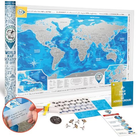 DMap factory™ Weltkarte zum Rubbeln XXL – 88 x 62 cm – Silber, mit Zubehör und Geschenkröhre, detaillierte Regionen – Scratch-off Map, Travel Map, Reisekarte