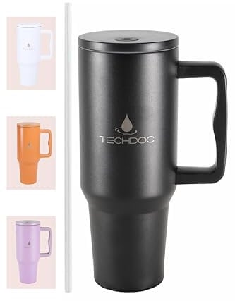 TechDoc 40 oz Insulated Tumbler with Handle & Sip Straw | Stainless Steel Water Bottle | Vacuum Travel Mug | Iced Coffee Cup | Hot & Cold Drinks | Gift for Him & Her | Black | 1180ml