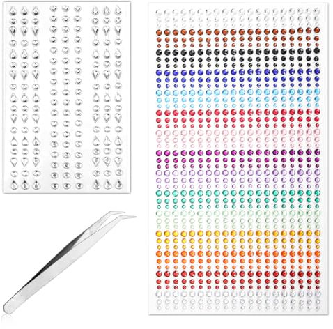1056pcs 3/4/5/8mm Rhinestones Gems Stick, Festival On Face Crystal Gemstone Stickers with Tweezers Self-Adhesive Hair Eye Jewels Pearls Sticky Diamonds Tattoo for Crafts Body Nails Makeup Decoration