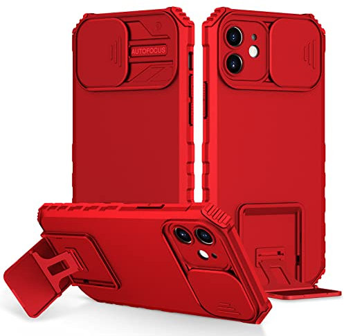 Compatible avec Coque iPhone 12 avec Cache Caméra Coulissante & Support, Coque pour iPhone 12 Etui Bumper Case Antichoc Housse Complète Protection (Rouge)