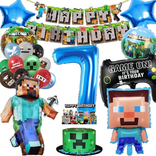 Geburtstagsdeko Jungen 7 Jahre Deko Geburtstag Junge Kindergeburtstag deko Jungen Birthday Decorations mit Happy Birthday Girlande, Cake Topper und Folienballon Geschenk Junge 7 Jahre