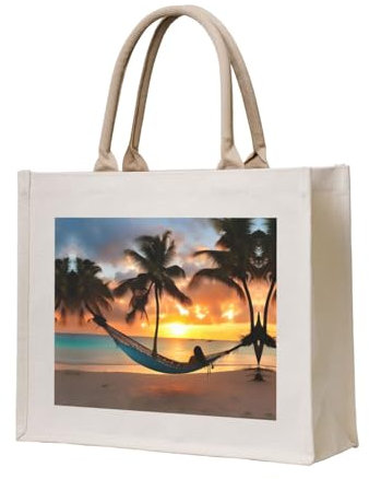 GaxfjRu Coconut Beach - Hamaca de lona para llevar al atardecer, bolsas de sublimación y bolsas de comestibles reutilizables para hombres y mujeres, Beige, Talla única