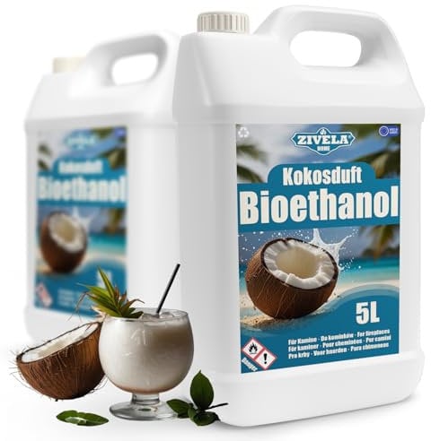 Bioethanol 96,6% 10L | Bio Alkohol Kokosnussduft 96,6% 2x5L | Bioethanol für Kamin, Tischkamin, Bioethanol Kamin | Bioethanol Kokosnussduft| Saubere Verbrennung, ohne Rauch, lebendige Flamme