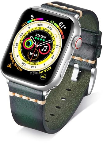 BINLUN Leather Strap Compatible with Apple Watch 38mm 40mm 41mm 42mm 44mm 45mm 46mm 49mm Handmade Retro Band Compatible with iWatch Series 10 9 8 7 6 5 4 3 2 1 SE SE2 Ultra Ultra2, 22mm, Green