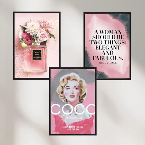 Dekomundo COCO CHANEL Bilder 3er Set PARFÜM Wohnzimmer & Schlafzimmer Moderne Poster zum Einrahmen, 3x 30x40 cm