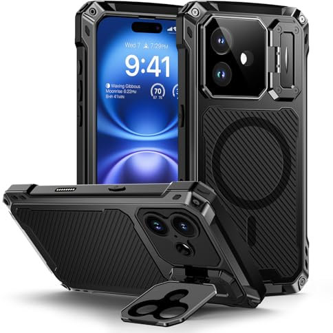 Lanhiem for iPhone 16 Metal Case with Camera Cover & Stand [Compatible with MagSafe] [Built-in Kickstand] [Military-Grade Protection] Heavy Duty Rugged Magnetic Phone Case, Black