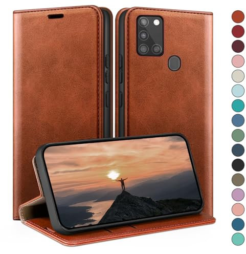 HUOUH für Samsung Galaxy A21S Hülle mit RFID Schutzhülle aus Lederhülle Handyhülle,Kartenfach Leder ständer Handy hülle,360 Grad Schutz Cover für Samsung A21S Klapphülle Wallet Case Hellbraun
