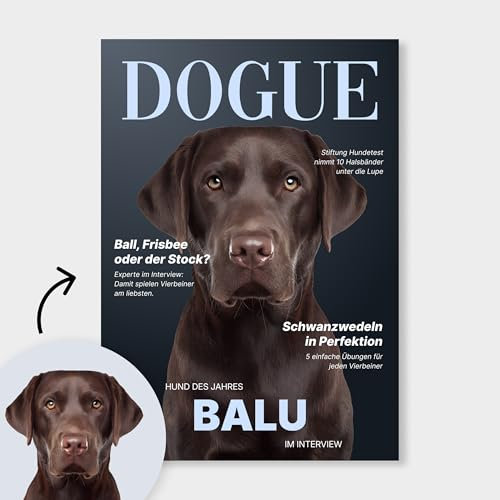 WAUZY Personalisiertes Poster DOGUE mit Hund | Geschenk für Hundebesitzer - Wandbild mit Echtholzrahmen & Fotopapier (DOGUE Alternativ 2)