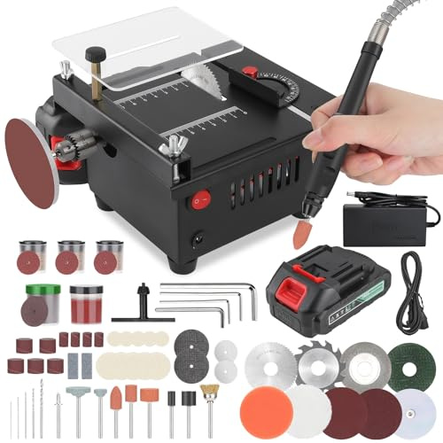 Healthible Mini Table Saw, Rechargeable Multi functional Portable Adjustable | Cutting | Sanding | Engraving | Drilling | All-in-One Machine, Precision Table Saw 7 Levels of Speed Adjustment