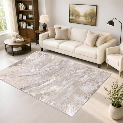 renoazul® Medium Pile Living Room Rugs Large - Jeze Abstract Beige Rug - 160 x 230 cm - Washable Hearth Rugs For Fireplaces, Lounge and Dining Room