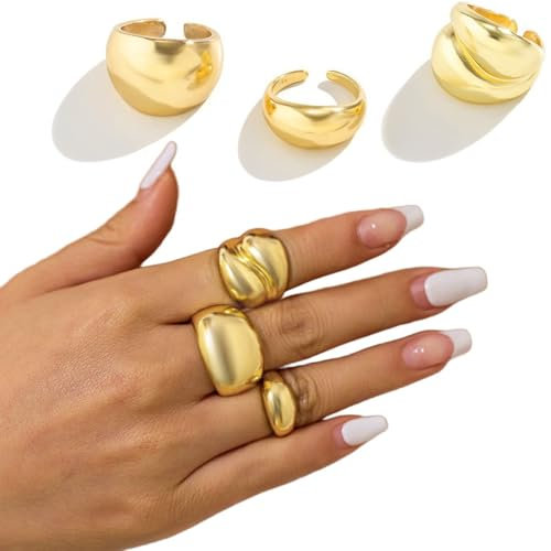JEYORZY 3 Pcs Dicke Goldringe Frauen, Zarte Silber Ringe, Stapelbare Statement Ringe, Vintage Schmuck, Gold Massive Ring, Gold Justierbar Offener Endring, Chunky Silber Beschichtet Ringe Frauen