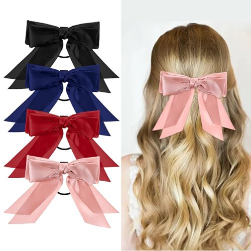 Ouligay 4 Stück Schleife Haargummi Damen Französische Scrunchies mit Schleife Haarschmuck Kopfbedeckung Schleife-Haarband Haar Accessoire für Cheerleader Teen Schulmädchen Damen Mädchen