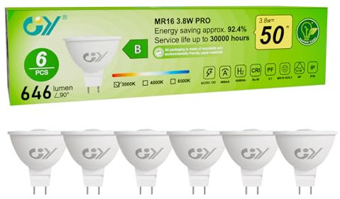 GY Lampadine LED GU5.3 MR16 12V 3.8W, 3000K Bianco Caldo, 646 Lumen, Angolo 36°, Non Dimmerabile, Faretto Interni, Lampada LED a Risparmio, 6 Pezzi