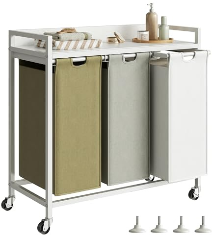 Herture Wäschekorb 3 Fächer, 180L Wäschesammler mit Rollen & verstellbaren Füßen, herausziehbare Wäschesäcke, stabile Ablage, Wäschetrenner für Bad, Schlafzimmer & Waschküche, Weiß PF04XLE