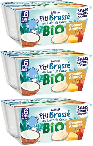 Nestlé Bébé P'tit Brassé Bio Végétal Lait de Coco Pomme Ananas - 4x 90g - dès 6 mois (Lot de 3)