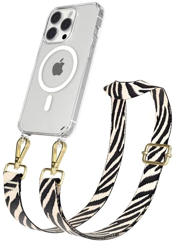 EAZY CASE Handykette - Verstellbares Taschenband kompatibel mit iPhone 15 Pro, Schulterriemen, Handykordel mit Silikon Hülle, Qi Charging kompatibel, Umhängetasche, Zebra - Schwarz Beige Gold