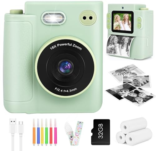 Kinderkamera Sofortbildkamera, Ambesty Digitalkamera für Kinder mit Druckpapier 32G TF Karte, 2,4 Zoll Bildschirm 1080P Videokamera Kamera Sofortdruck, Weihnachten Geschenk für Kinder 3-12 Jahren
