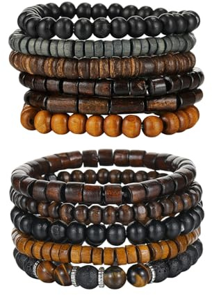 HDGSAFD 11 Piezas De Pulseras para Hombre, Pulseras De Cuentas De Madera De Piedra De Ojo De Tigre De Piedra Volcánica, Pulseras Elásticas con Personalidad De Moda, Fiestas Y Reuniones.