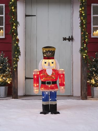 Lights4fun Beleuchtete Nussknacker-Weihnachtsfigur | Batteriebetriebener Nutcracker für den Außenbereich | Weihnachtsdeko Outdoor Garten | 91 cm groß