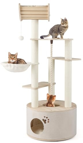 GYMAX Arbre à Chat 141 cm en Bois avec Niche et Perchoir Arqué | Tour à Chat avec Hamac, Plateformes, Poteaux à Griffer, Balle et Corde Suspendues, Coussins Amovibles