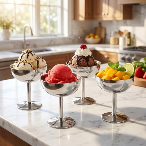 Lot de 4 coupes à glace, diamètre : 10 cm, 200 ml, en acier inoxydable, bols à dessert, cocktails, bols à dessert avec pied, pour fruits, salade, yaourt et pudding aux fruits, pour mariages, fêtes