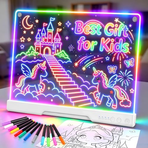 19 Zoll LED Zeichenbrett Kinder, Wiederaufladbare LED Maltafel 40x30cm, Geschenk Jungen Mädchen 3 4 5 6 7 8 9 10 Jahre Spielzeug ab 3-10 Jahre, Doodle Notiztafel mit 7 Farbmodi, 12 Stiften, Weiß